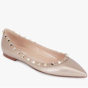 Valentino Garavani Rockstud Champagne Leather Ballet Flat, Size 37